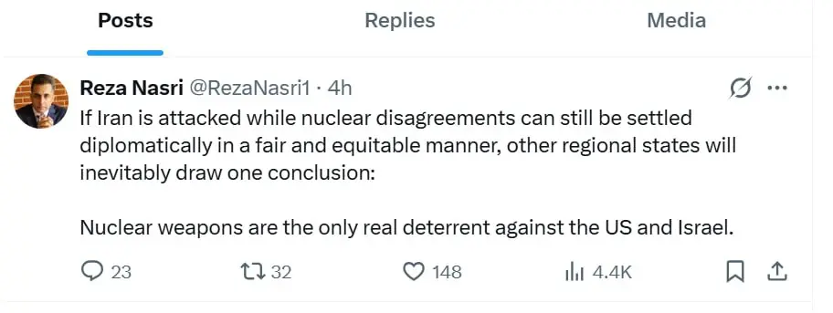 رضا نصری تحلیلگر مسائل بین الملل در شبکه اجتماعی ایکس نوشت