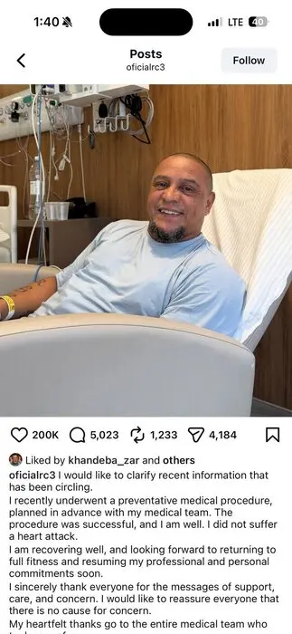 واکنش روبرتو کارلوس به شایعات؛ من سکته نکردهام!