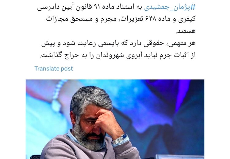 یک حقوقدان: پیش از اثبات جرم، آبروی ‎پژمان جمشیدی نباید به حراج گذاشته شود
