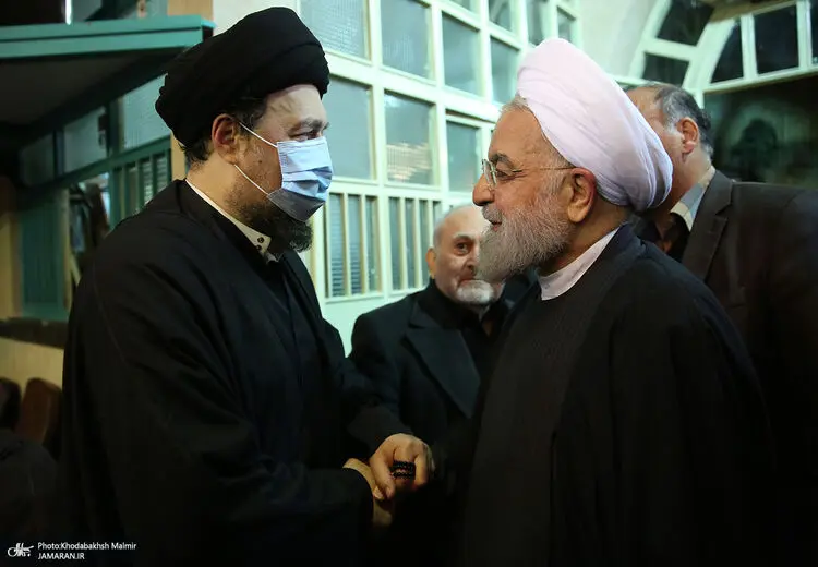 حضور حسن روحانی در مراسم ختم پدر همسر حسن خمینی