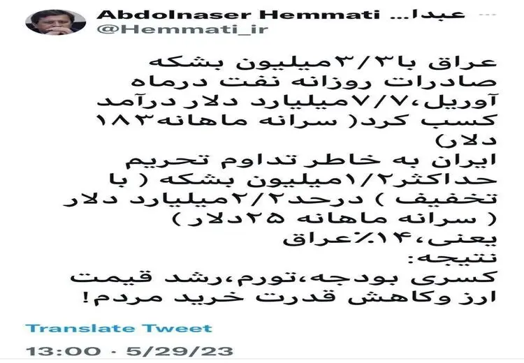 توییت همتی درباره عوارض تداوم تحریم و تاثیر آن بر اقتصاد کشور