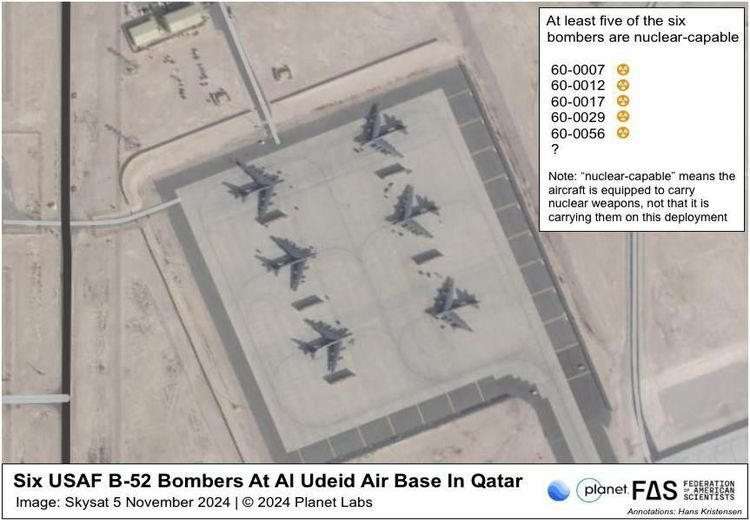 تصویری از حضور هواپیمای بمب‌افکن B-52 در پایگاه العدید قطر 